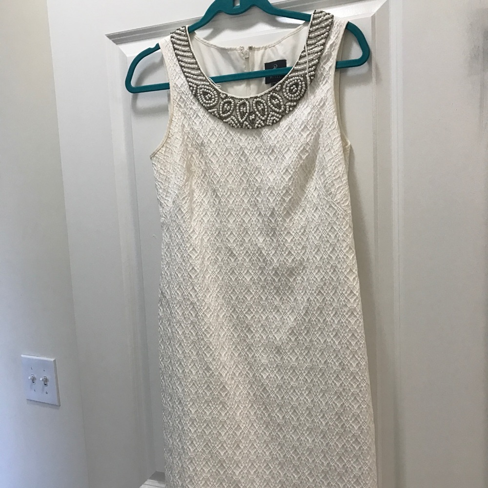 Adrianna Papell White Beaded Neckline Dress